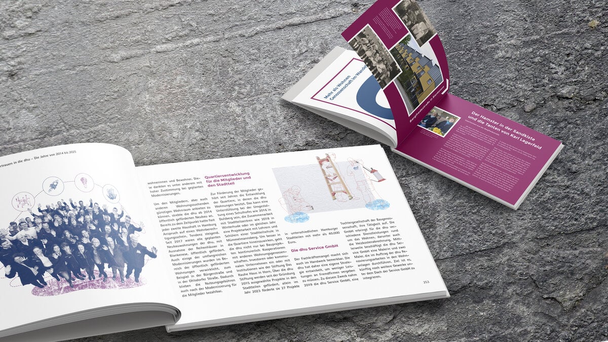 Mockup Collage von aufgeschlagenen Buchseiten für das DHU Jubiläumsbuch